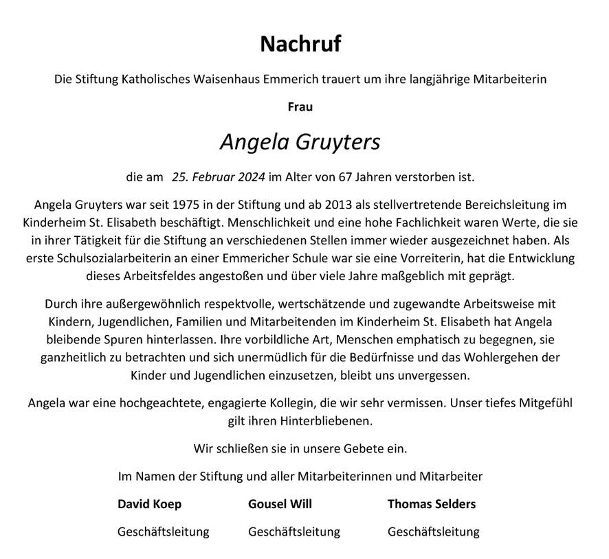 Trauer_Angela | Brücken-Stiftung - Katholisches Waisenhaus Emmerich