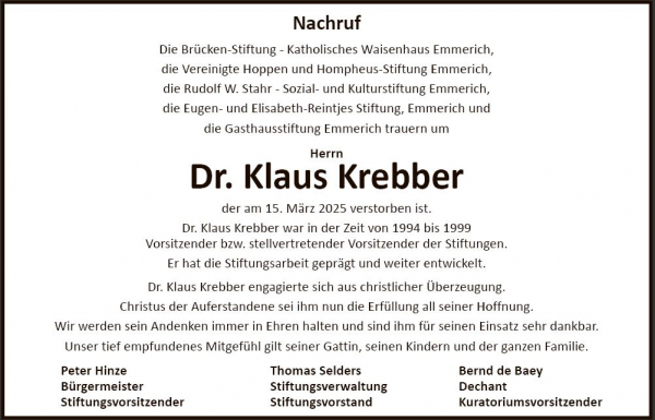 Trauer_Krebber - Aktuelles | Brücken-Stiftung - Katholisches Waisenhaus Emmerich